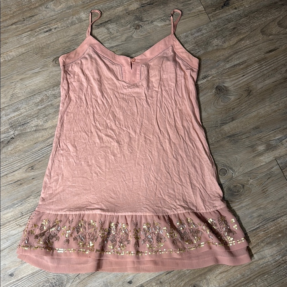 Pink Slip Dress with Gold Sequin Hem